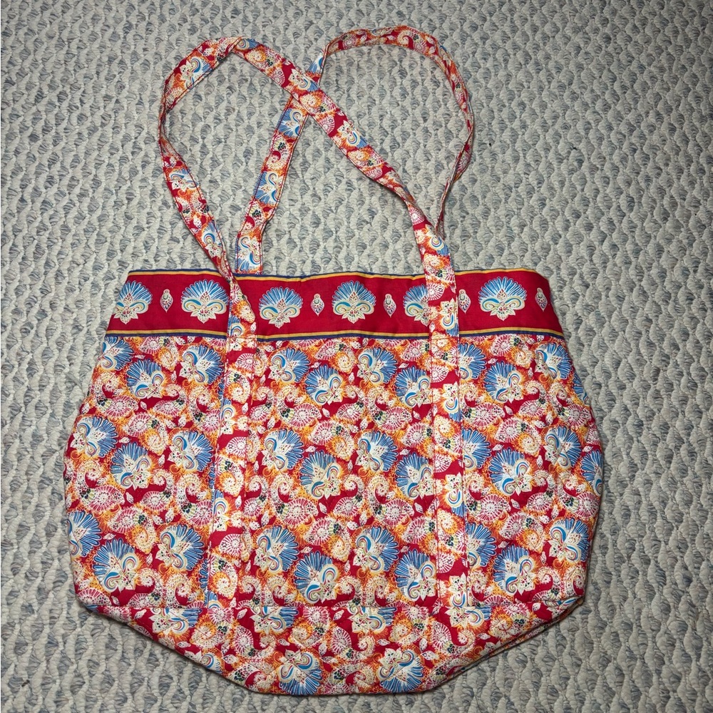 Quilted Floral Tote Bag in Red and Blue Beach Theme